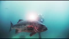 A scuba diver using a rebreather is getting video of giant sea bass (Stereolepis gigas) swimming wild in giant kelp forest (Macrocystis pyrifera) and bull kelp (Nereocystis luetkeana). The diver is useful to show size perspective. Also see calico bass (Paralabrax clathratus) and senorita fish (Oxyjulis californica). (The moments of red reflections are NOT accurate color of the sea bass.) The rebreather has advantage of few bubbles, silent operation, and long time underwater. California Channel Islands. North America West Coast.