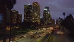 Downtown Los Angeles at night with traffic