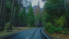 Driving in Yosemite Valley in the fall on a wet road