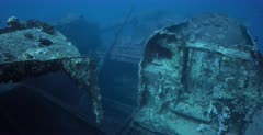 A reveal shot of the two coal tenders on the Thistlegorm shipwreck.