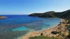 wide shot of the beach and reef at the popular snorkeling location, hanauma bay