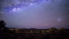 a night sky time lapse of the milky way and uluru/ayers rock in australia's northern territory