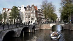 an afternoon wide view of dutch buildings, canals and bridges in amsterdam, netherlands