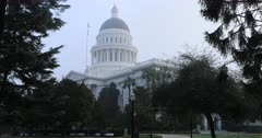 View of the State Capitol in Sacramento, California in fog 4K