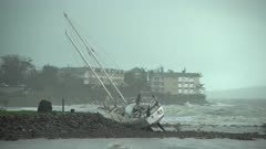 Yacht Washed Ashore By Hurricane Storm Surge And Strong Wind