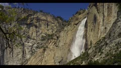Yosemite Falls Waterfall, side view, blasting water flow