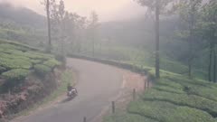 Moped road trip in India through tea plantation mountain landscape. Aerial drone view