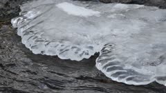 Bubbles of dark river water makes cool shapes of black shades in ice