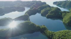 Aerial view of Ngermid Bay with rock islands and marine lakes, Palau