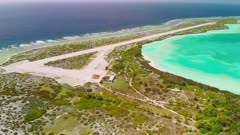 High aerial view of Kanton Atoll in Kiribati and its deserted airport and runway