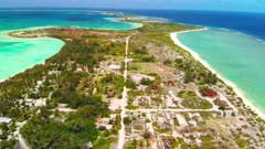 High aerial view of Kanton Atoll in Kiribati showing abandoned military buildings and installations