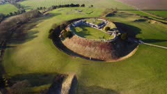 Aerial shot circling the ancient castle ruins of Old Sarum. UK