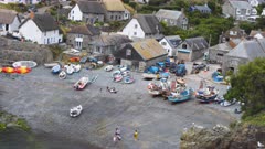 Telephoto shot of small cove and fishing village in Cornwall, UK