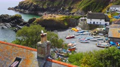 Telephoto shot of tranquil fishing village in summer, Cornwall, UK