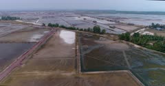 Drone footage of the southern part of Kampot, Cambodia. The camera is going sideways while descending very low over the salt making fields covering the island. You can see the different colors showing different parts of the process.