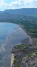 Vertical drone footage of the coast of east Sumbawa near Sape with dry shore scattered with few green bushes and shallow turquoise water bay. The camera is doing a 360 degrees panning before tilting down towards the reef.