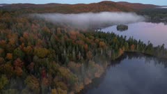 time lapse fly over at sunrise of mist over lake, islands &amp; full autumn colours coniferous forest (4K, UHD, aerial, travel, hyperlapse)