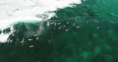 Aerial shot of surfers in Bronte Beach, Sydney, New South Wales, Australia, Pacific