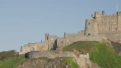 Bamburgh Castle from beach, Northumberland, England, United Kingdom, Europe