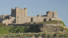 Bamburgh Castle from beach, Northumberland, England, United Kingdom, Europe