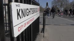 Knightsbridge sign and entrance at Hyde Park Corner in springtime, London, England, United Kingdom, Europe
