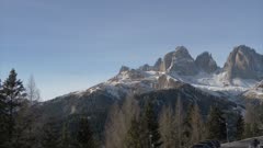 View of Sella Towers from Pecol on sunny day in winter, Province of Trento, Trentino-Alto Adige/Sudtirol, Italy, Europe