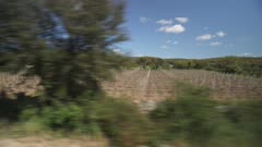 View of North Sardinia countryside from moving train between Olbia and Sassari, Sardinia, Italy, Mediterranean, Europe
