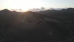 Aerial shot of Volcano El Cuervo at sunset, Timanfaya National Park, Tinajo, Las Palmas, Lanzarote, Canary Islands, Spain, Atlantic, Europe