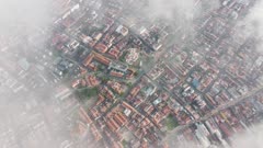 Aerial top down view heritage Georgetown, Penang in morning low cloud