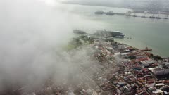 Aerial view morning foggy cloud. Background is cruise ship