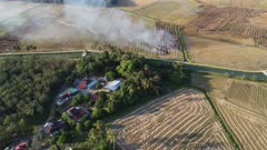 Aerial view open burning straw at paddy field