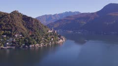 Flying Towards Morcote Municipality of Switzerland on the Shores of Lake Lugano