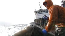 Crab Fishing Bering Sea Alaska - Fisherman Throws Hook And Runs Bouys Through Block