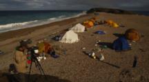Film Making Crew Set Up In Tent Camp On Beach