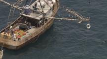Commercial Fishing Boat With Pelicans On Rigging
