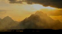 Time Lapse Dark Clouds Move Above Grand Teton Peak At Sunset