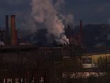 Panoramic View Of Large Factory, Smoke Stacks