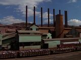Panoramic View Of Factory, Smoke Stacks, Train
