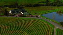 Aerial Over Napa Valley, Yellow And Green Crops, Over A Red Barn, Pond, Farms