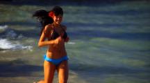Woman Model Runs Down Beach Slow Motion