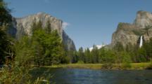 Panoramic View Of Bridalveil Falls With Merced River