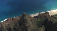 Aerial View Looking Straight Down To Beach From Eroded Cliffs, Hawaii Coastline