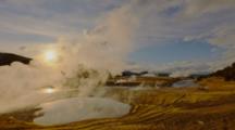 Time Lapse, Zoom In Of Yellowstone Geyser Area At Sunset