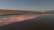 Aerial Kenya Rift Valley, Flamingos Taking Flight On Lake