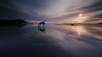 Woman practicing yoga on beach at sunset on Oregon Coast