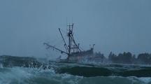 Winter Storm Scene. Commercial Fishing Boat In Large Waves
