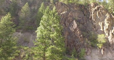 4K aerial across rocky mountain face through trees