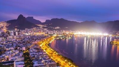 Panning time-lapse overlooking the nighttime bay of Rio de Janeiro Brazil.