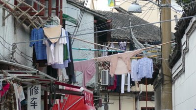 Laundry Hanging Outside across Narrow Alley, Shanghai, China
