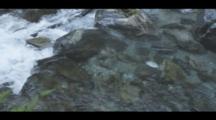 Rocky Creek Flowing Crystal Clear To Foaming Cascade. Cine-Slider Shot.